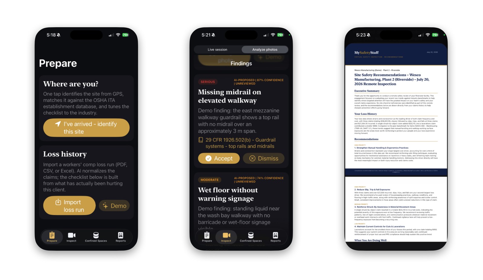 MSS Inspect mobile app: GPS site preparation, AI-proposed findings with human accept/dismiss review, and the delivered site safety recommendations report