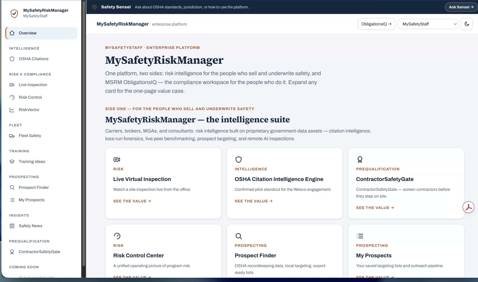 MySafetyRiskManager overview showing intelligence, risk, fleet, training, prospecting, and prequalification modules